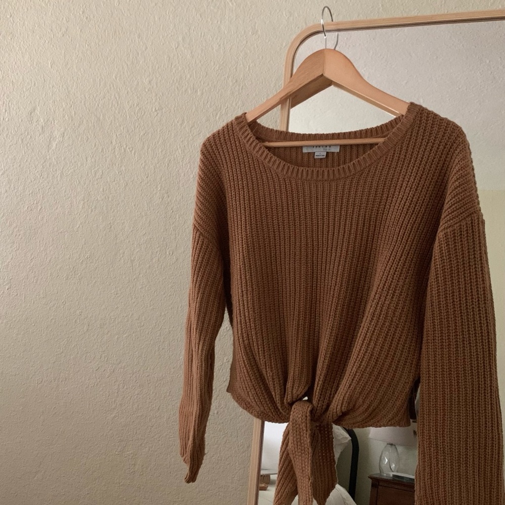 Rust colored front tie knit sweater